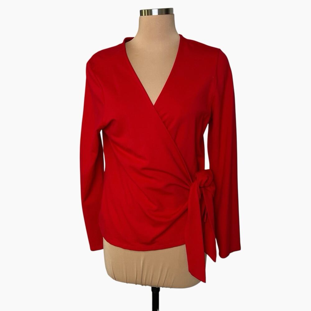 Halogen Wrap Top Blouse Size 1X Plus Red Soft Fluid Fabric V Neck Sleek Style